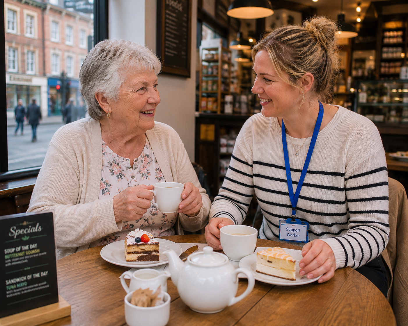 Support worker and client having tea
